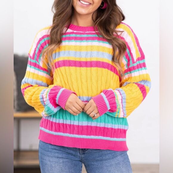 BiBi Colorful Vibrant Striped Women's Sweater. Size Large. 100% Cotton. Spring - Picture 1 of 9